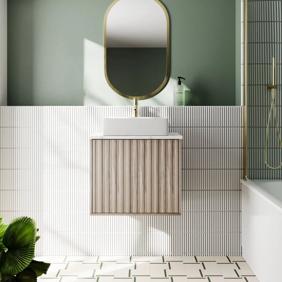 Billy 600mm Wall Hung Vanity Unit with Fluted Drawer Front & Marble Sintered Stone Worktop