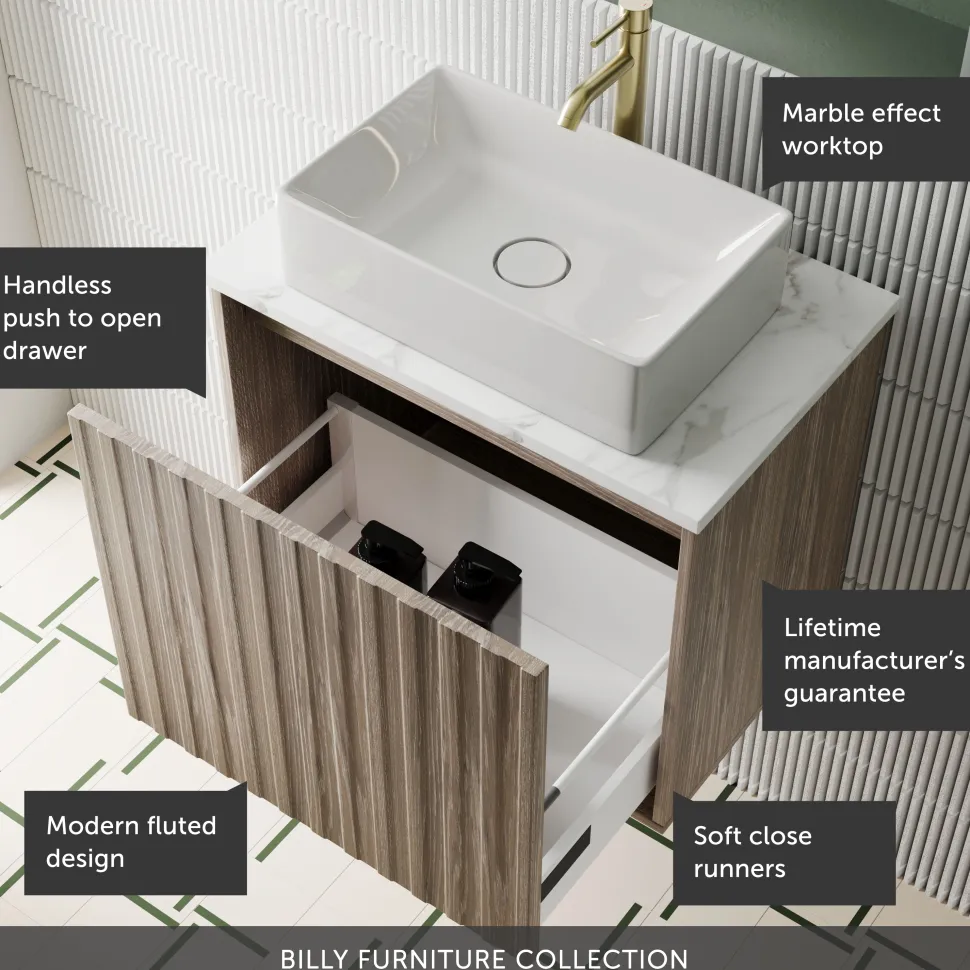 Billy 600mm Wall Hung Vanity Unit with Fluted Drawer Front & Marble Sintered Stone Worktop