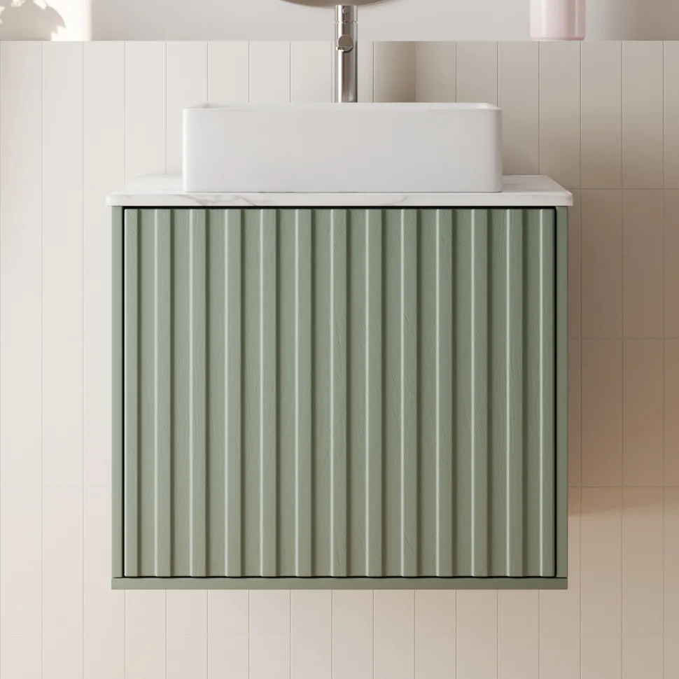 Billy 600mm Wall Hung Vanity Unit with Fluted Drawer Front & Marble Sintered Stone Worktop