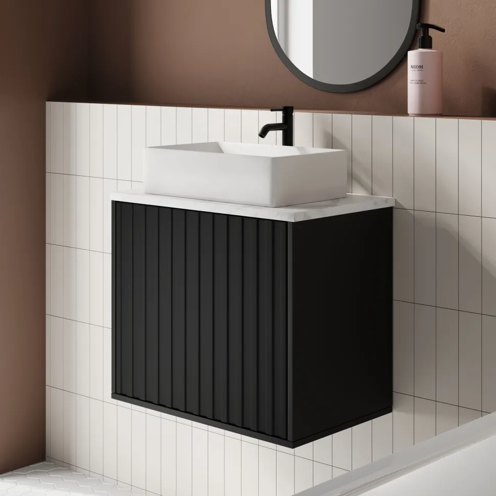 Billy 600mm Wall Hung Vanity Unit with Fluted Drawer Front & Marble Sintered Stone Worktop