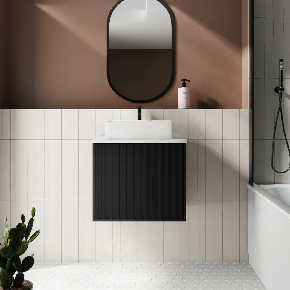 Billy 600mm Wall Hung Vanity Unit with Fluted Drawer Front & Marble Sintered Stone Worktop