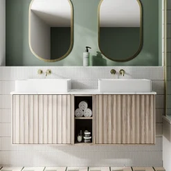 Billy 1400mm Wall Hung Vanity Unit with Fluted Drawer Front & Marble Sintered Stone Worktop