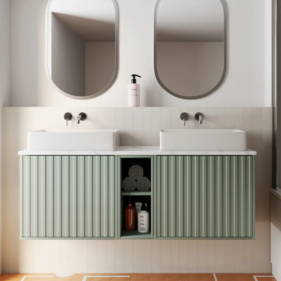 Billy 1400mm Wall Hung Vanity Unit with Fluted Drawer Front & Marble Sintered Stone Worktop