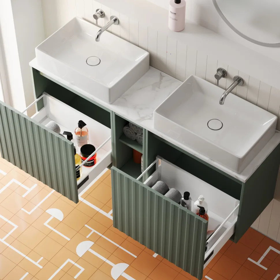 Billy 1400mm Wall Hung Vanity Unit with Fluted Drawer Front & Marble Sintered Stone Worktop