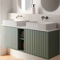 Billy 1400mm Wall Hung Vanity Unit with Fluted Drawer Front & Marble Sintered Stone Worktop
