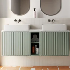 Billy 1400mm Wall Hung Vanity Unit with Fluted Drawer Front & Marble Sintered Stone Worktop