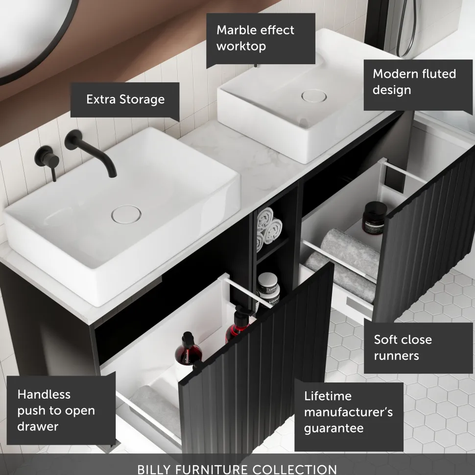 Billy 1400mm Wall Hung Vanity Unit with Fluted Drawer Front & Marble Sintered Stone Worktop