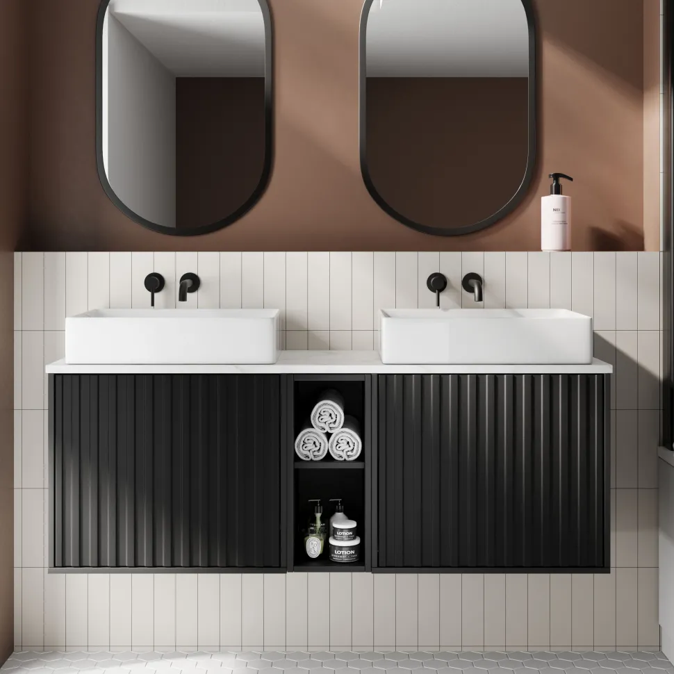 Billy 1400mm Wall Hung Vanity Unit with Fluted Drawer Front & Marble Sintered Stone Worktop