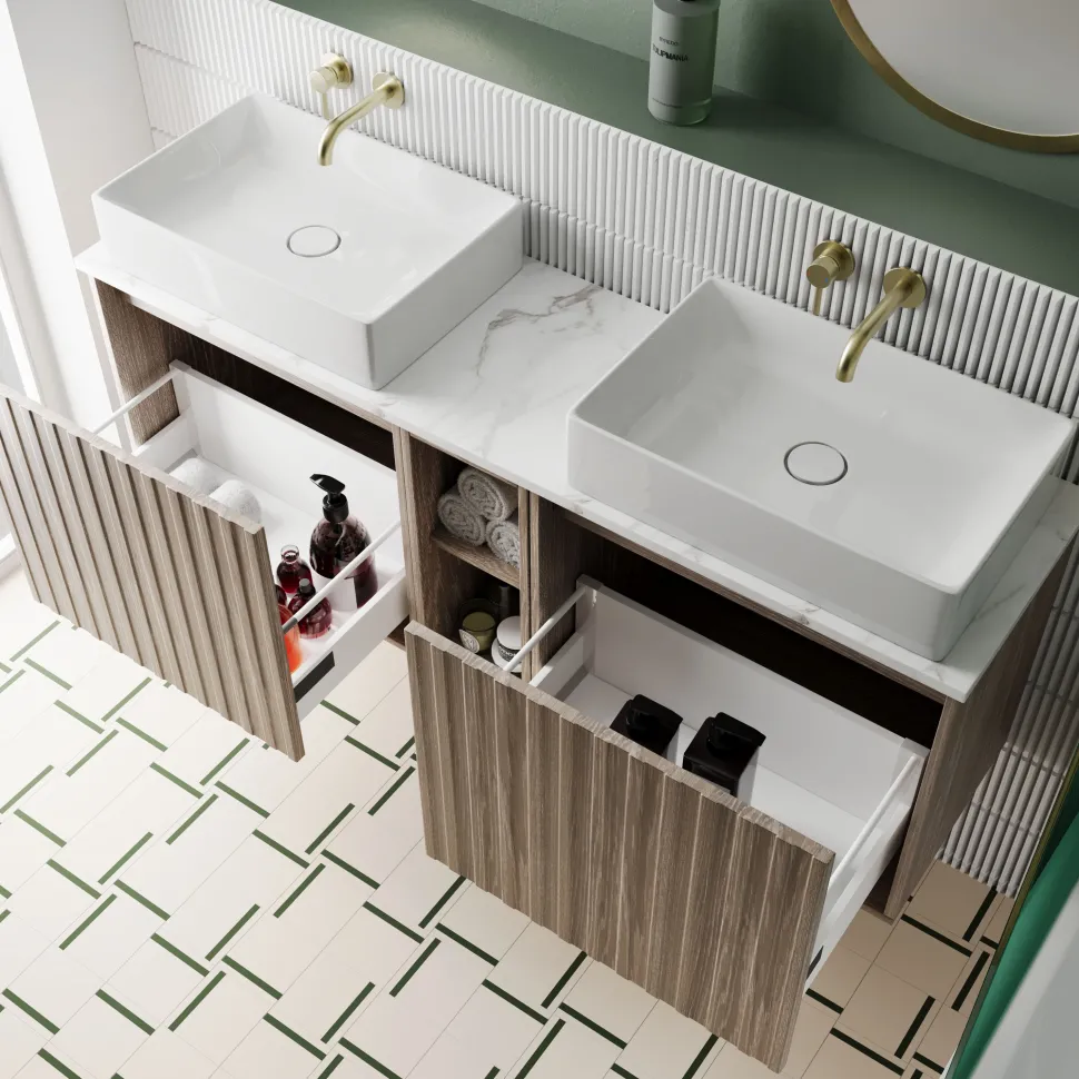 Billy 1400mm Wall Hung Vanity Unit with Fluted Drawer Front & Marble Sintered Stone Worktop