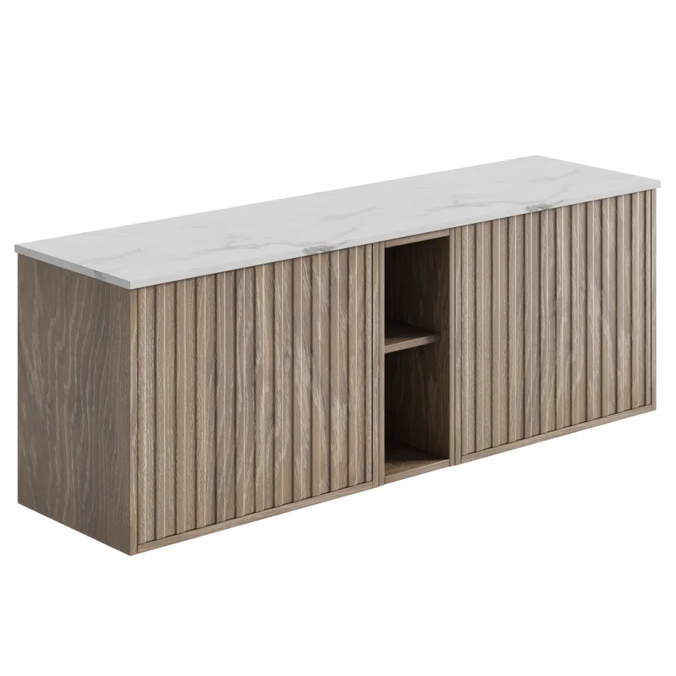 Billy 1400mm Wall Hung Vanity Unit with Fluted Drawer Front & Marble Sintered Stone Worktop