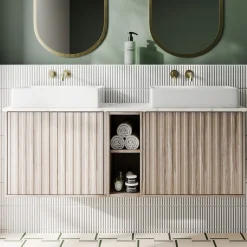 Billy 1400mm Wall Hung Vanity Unit with Fluted Drawer Front & Marble Sintered Stone Worktop