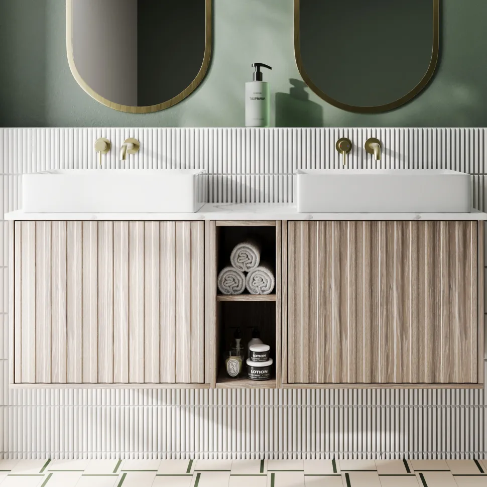 Billy 1400mm Wall Hung Vanity Unit with Fluted Drawer Front & Marble Sintered Stone Worktop