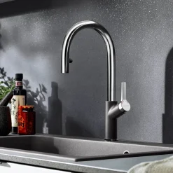 Blanco Carena-S Vario Single Lever Chrome Pull Out Kitchen Mixer Spray Tap with Silgranit Matching Finish