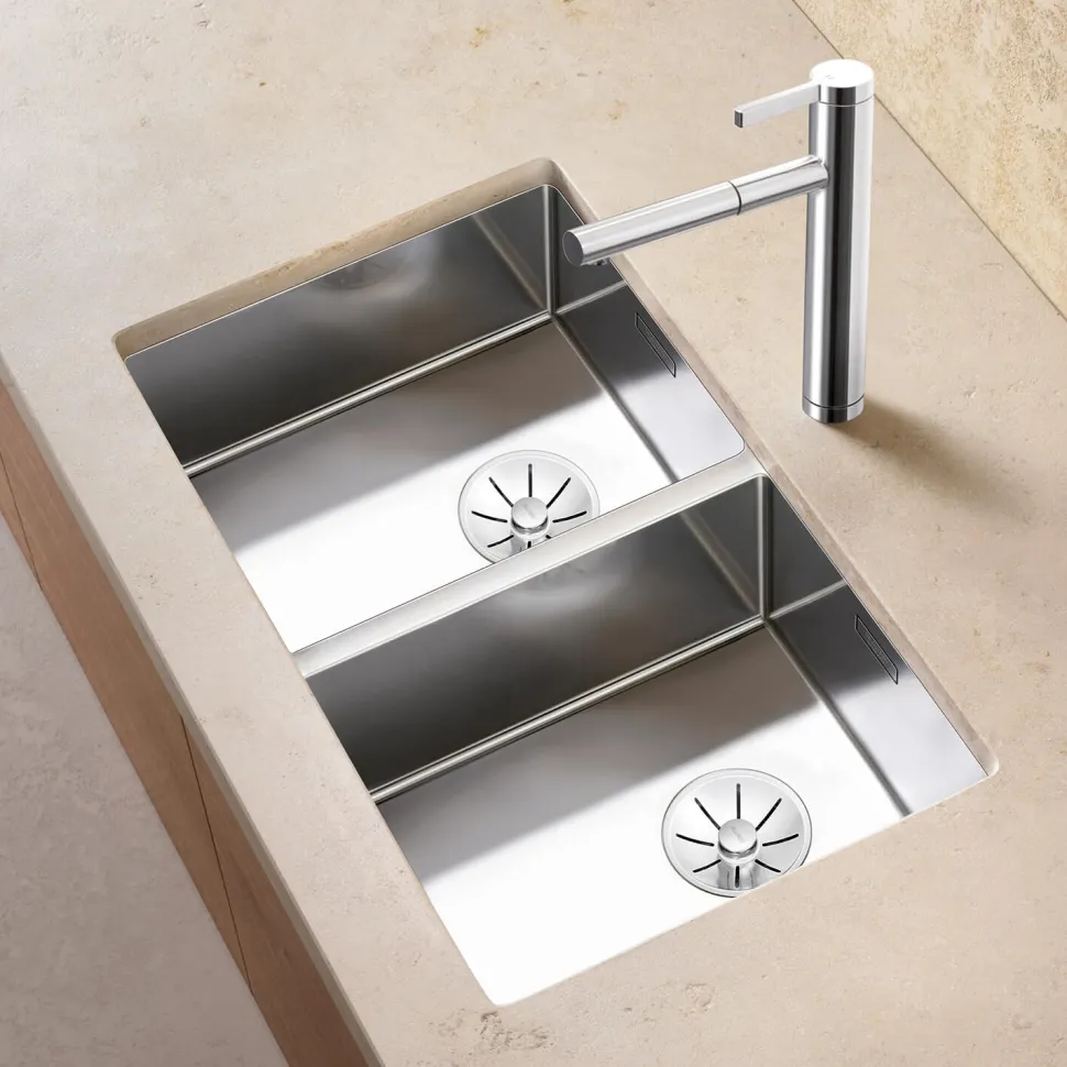 Blanco Claron Double Bowl Undermount Satin Polish Stainless Steel Kitchen Sink & Waste - 865 x 440mm