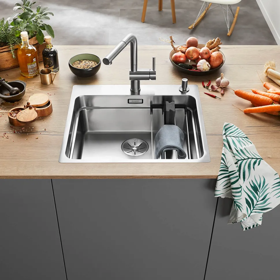 Blanco Etagon Large 1 Bowl Satin Polish Stainless Steel Kitchen Sink & Waste with Tap Ledge - 540 x 500mm