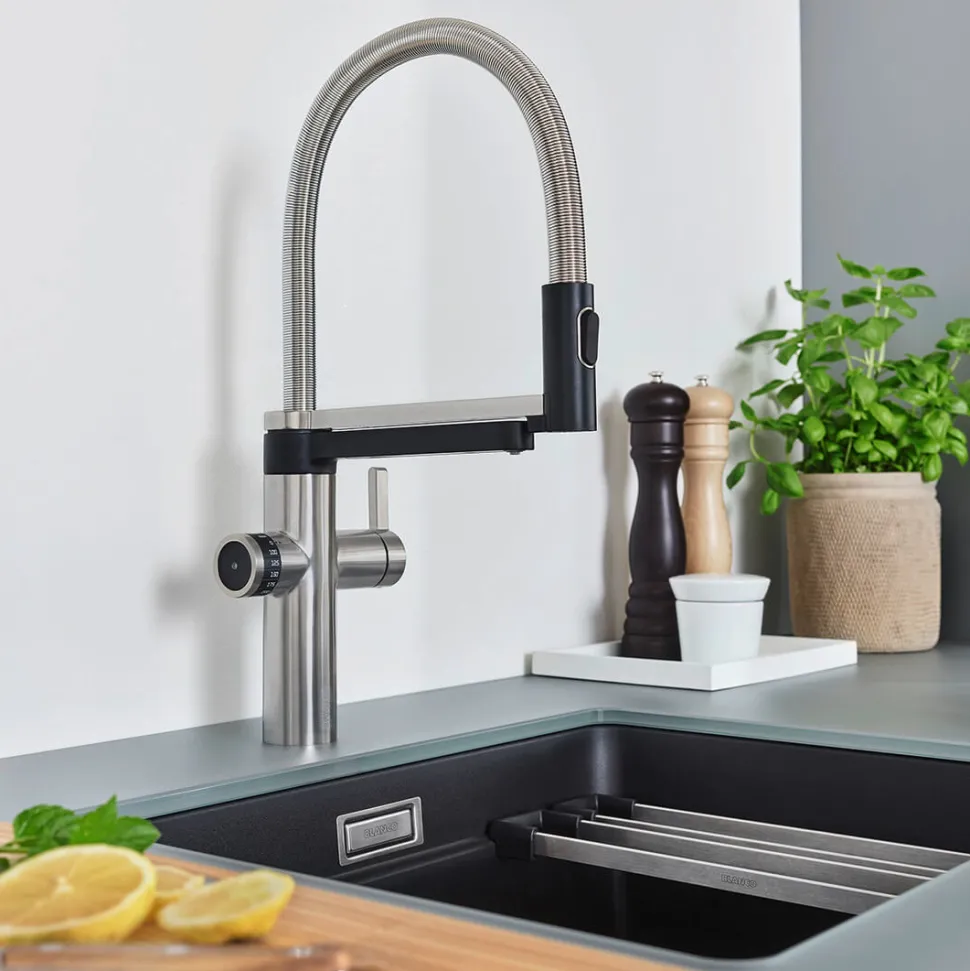 Blanco Evol-S 3-in-1 PVD Steel Smart Measure Filtered Cold Water Mono Kitchen Mixer Tap with Dual Spray