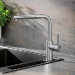 Blanco Lanora-S Eco Cold Start Brushed Stainless Steel Mono Pull Out Kitchen Mixer Tap