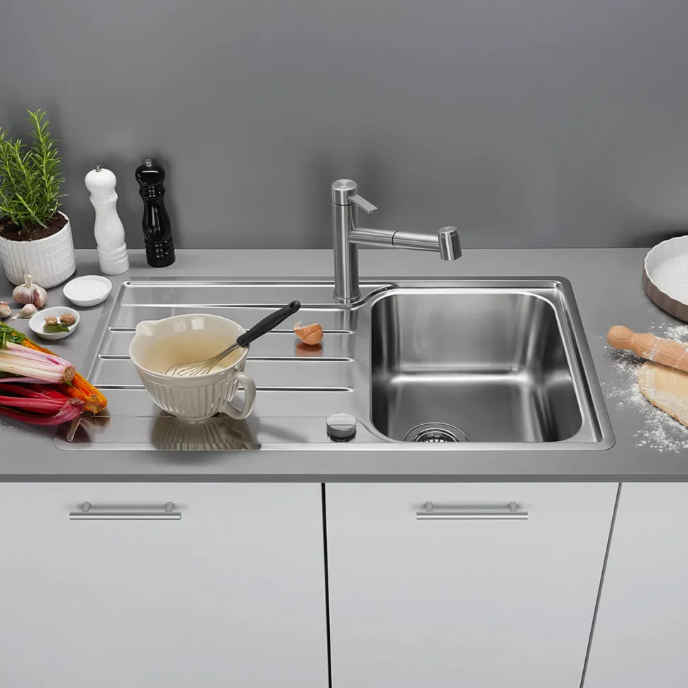 Blanco Lemis 45 S-IF Compact 1 Bowl Brushed Stainless Steel Kitchen Sink & Waste with Reversible Drainer - 860 x 500mm