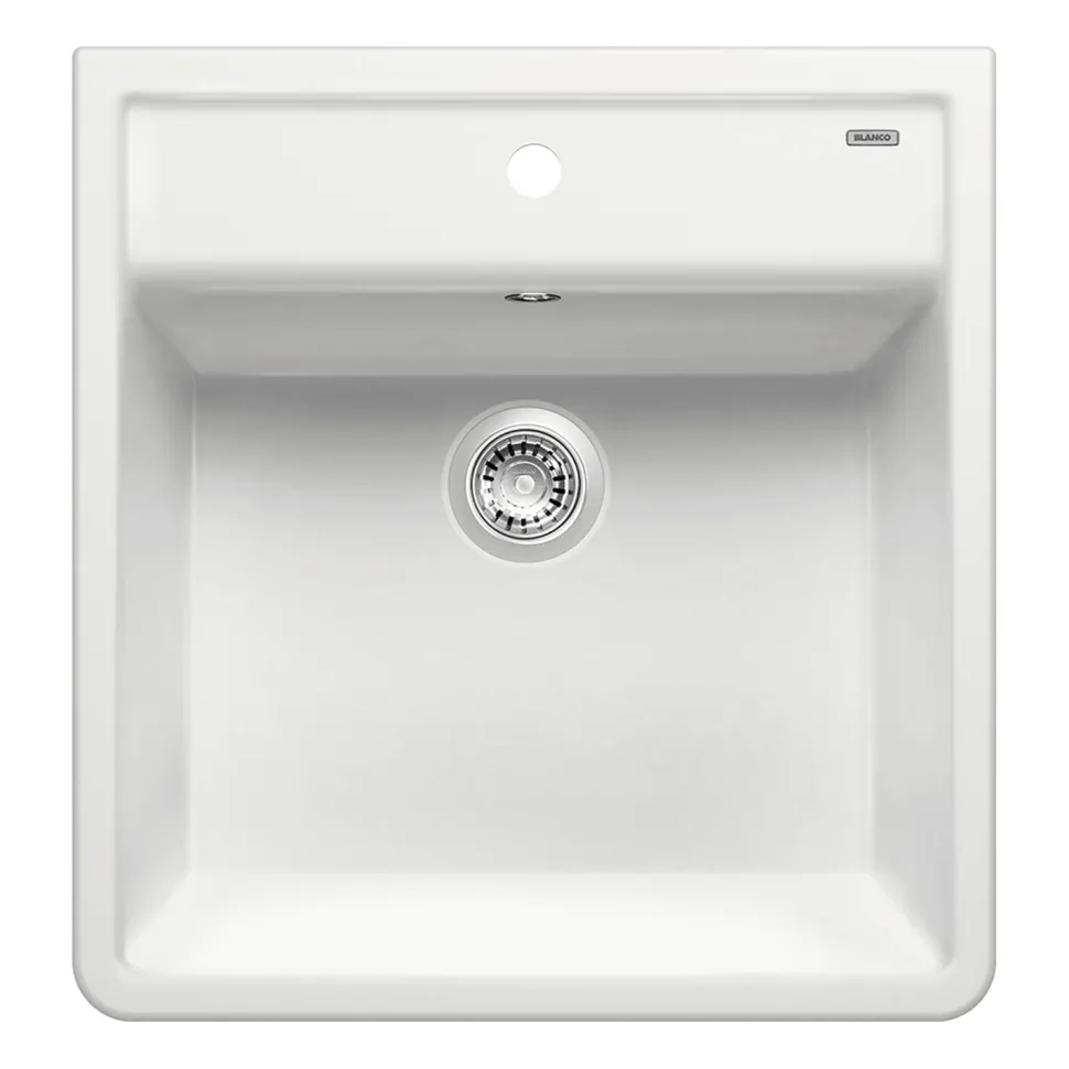 Blanco Panor 1 Bowl Crystal Gloss White Wall Mounted Belfast Ceramic Kitchen Sink & Waste with Tap Ledge - 600 x 630mm