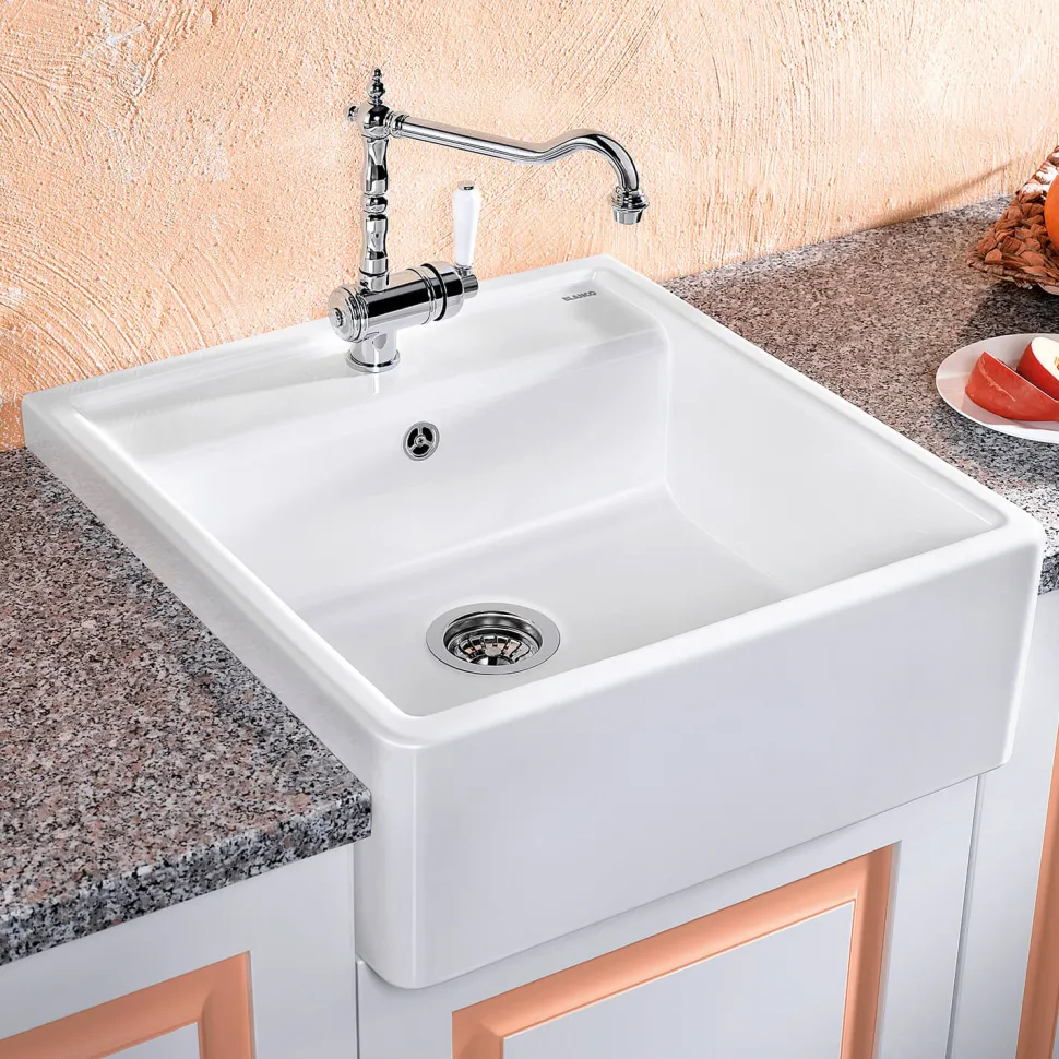 Blanco Panor 1 Bowl Crystal Gloss White Wall Mounted Belfast Ceramic Kitchen Sink & Waste with Tap Ledge - 600 x 630mm