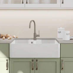 Blanco Villae Belfast Farmhouse Double Bowl Crystal Gloss White Ceramic Kitchen Sink & Waste - 794 x 490mm