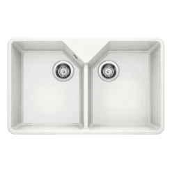 Blanco Villae Belfast Farmhouse Double Bowl Crystal Gloss White Ceramic Kitchen Sink & Waste - 794 x 490mm