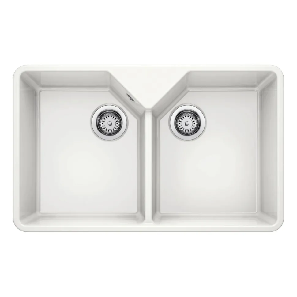 Blanco Villae Belfast Farmhouse Double Bowl Crystal Gloss White Ceramic Kitchen Sink & Waste - 794 x 490mm