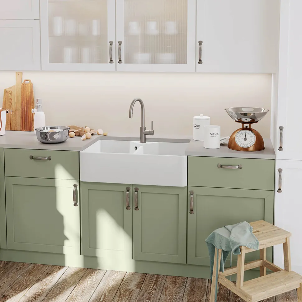 Blanco Villae Belfast Farmhouse Double Bowl Crystal Gloss White Ceramic Kitchen Sink & Waste - 794 x 490mm