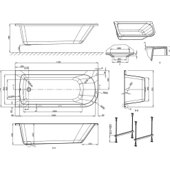 Britton Bathrooms Viride Single Ended Offset J-Shaped Bath, Panel & Cradle - 1700 x 750mm