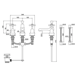 Burlington Claremont 3 Tap Hole Basin Mixer with Pop-up Waste