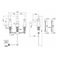 Burlington Kensington 3 Tap Hole Basin Mixer with Pop-up Waste
