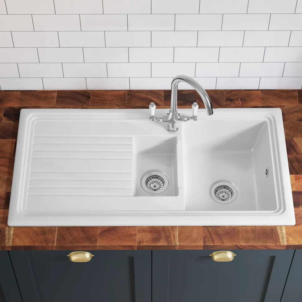Butler & Rose 1.5 Bowl Ceramic Kitchen Sink and Butler & Rose Victoria Traditional Kitchen Mixer Tap