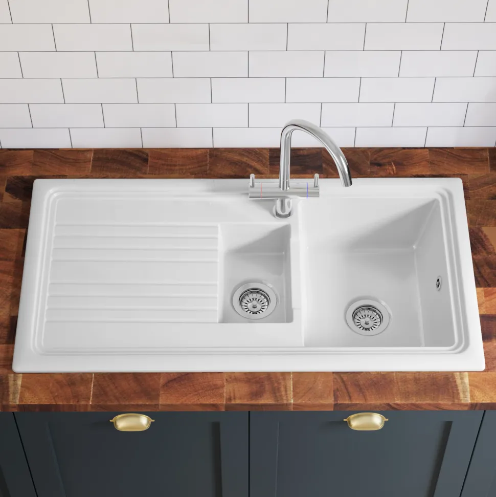 Butler & Rose 1.5 Bowl Ceramic Kitchen Sink and Vellamo Caspian Dual Lever Mono Kitchen Mixer