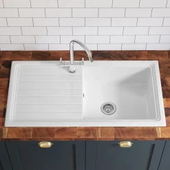 Butler & Rose 1 Bowl White Ceramic Kitchen Sink with Reversible Drainer - 1010 x 525mm