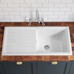 Butler & Rose 1 Bowl White Ceramic Kitchen Sink with Reversible Drainer - 1010 x 525mm