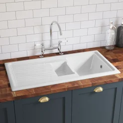 Butler & Rose 1.5 Bowl White Ceramic Kitchen Sink with Reversible Drainer - 1010mm x 525mm