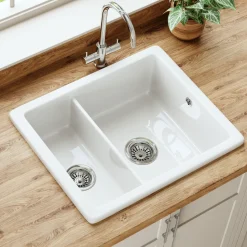 Butler & Rose Bryn Reversible 1.5 Bowl White Ceramic Inset/Undermount Kitchen Sink & Waste Kit - 555 x 460mm