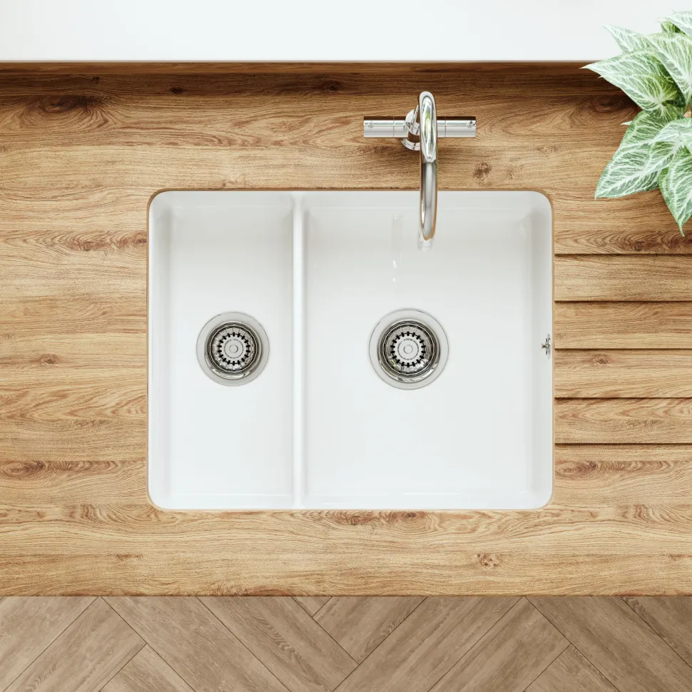 Butler & Rose Bryn Reversible 1.5 Bowl White Ceramic Inset/Undermount Kitchen Sink & Waste Kit - 555 x 460mm