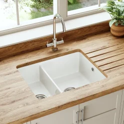 Butler & Rose Bryn Reversible 1.5 Bowl White Ceramic Inset/Undermount Kitchen Sink & Waste Kit - 555 x 460mm