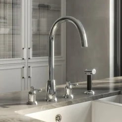 Butler & Rose Daphne 4 Hole Curved Spout Kitchen Mixer Tap with Lever Handles & Pull-Out Rinse