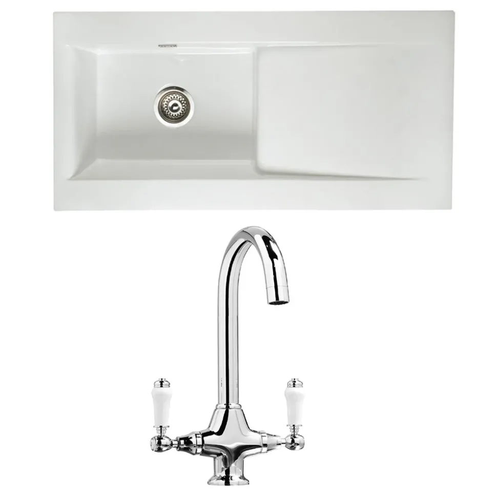 Butler & Rose Dream 1 Bowl White Ceramic Fireclay Kitchen Sink & Victoria Traditional Kitchen Mixer Tap