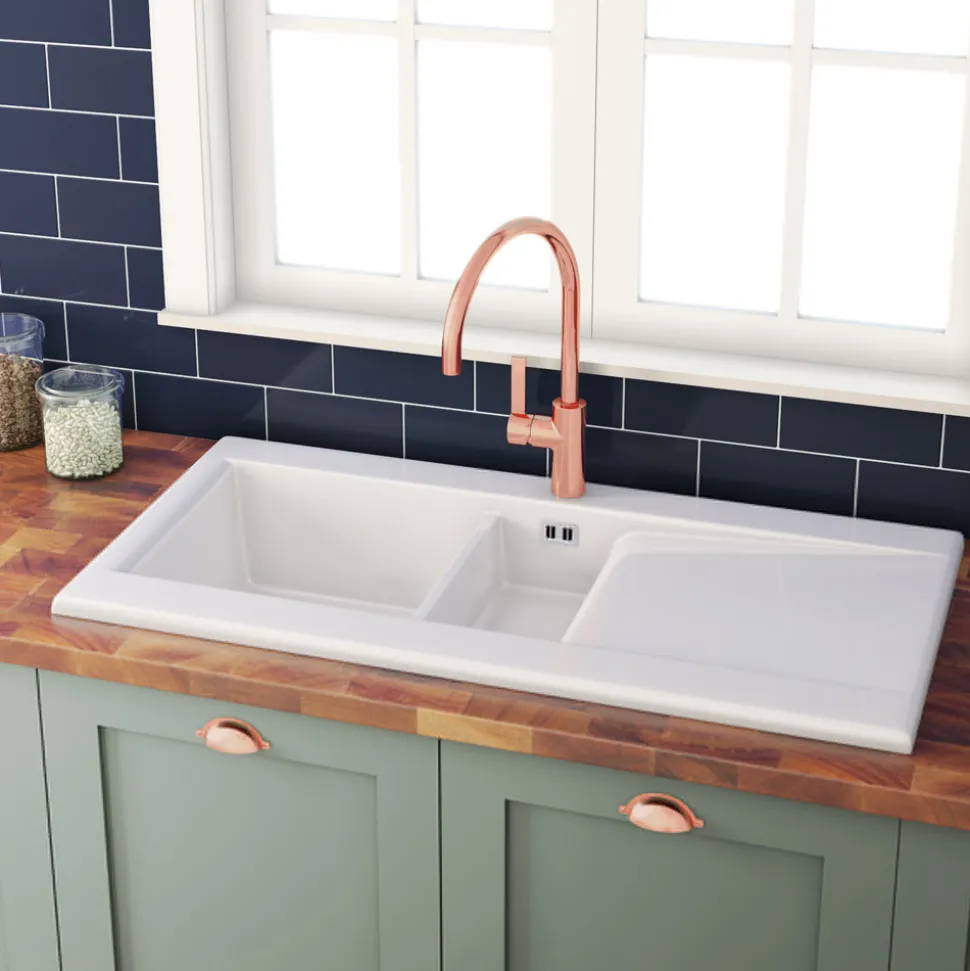 Butler & Rose Dream 1.5 Bowl White Ceramic Fireclay Kitchen Sink with Reversible Drainer & Waste Kit - 1010mm x 510mm