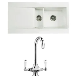 Butler & Rose Dream 1.5 Bowl White Ceramic Fireclay Kitchen Sink & Victoria Traditional Kitchen Mixer Tap
