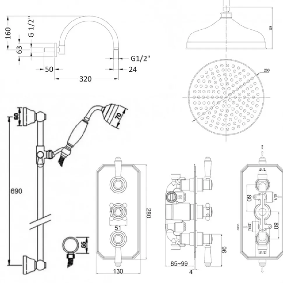 Butler & Rose Edith Concealed Shower Valve, Fixed Shower Head & Slide Rail Kit