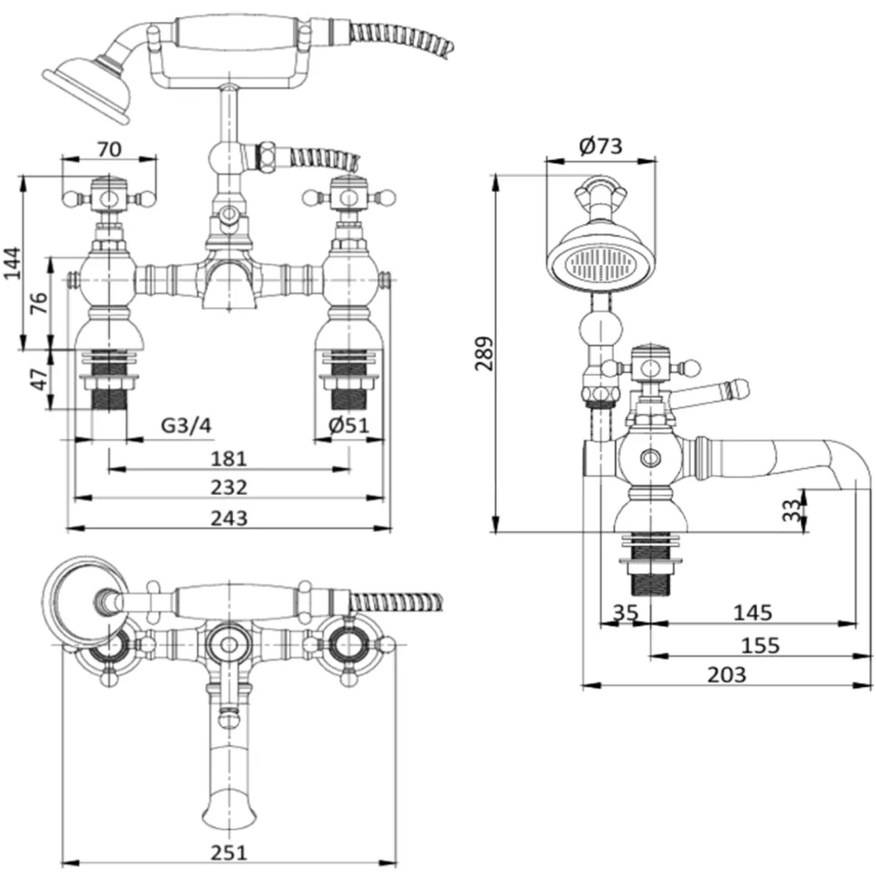 Butler & Rose Eliza Crosshead Deck Mounted Bath Shower Mixer Tap