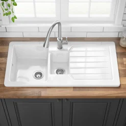 Butler & Rose Farmhouse 1.5 Bowl White Ceramic Kitchen Sink with Reversible Drainer - 1000mm x 500mm
