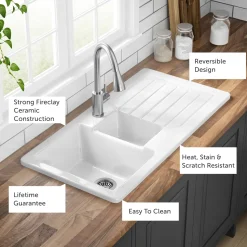 Butler & Rose Farmhouse 1.5 Bowl White Ceramic Kitchen Sink with Reversible Drainer - 1000mm x 500mm