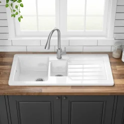 Butler & Rose Farmhouse 1.5 Bowl White Ceramic Kitchen Sink with Reversible Drainer - 1000mm x 500mm
