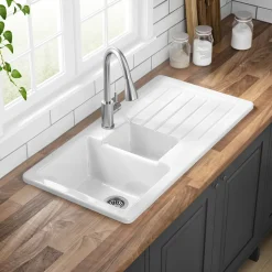 Butler & Rose Farmhouse 1.5 Bowl White Ceramic Kitchen Sink with Reversible Drainer - 1000mm x 500mm