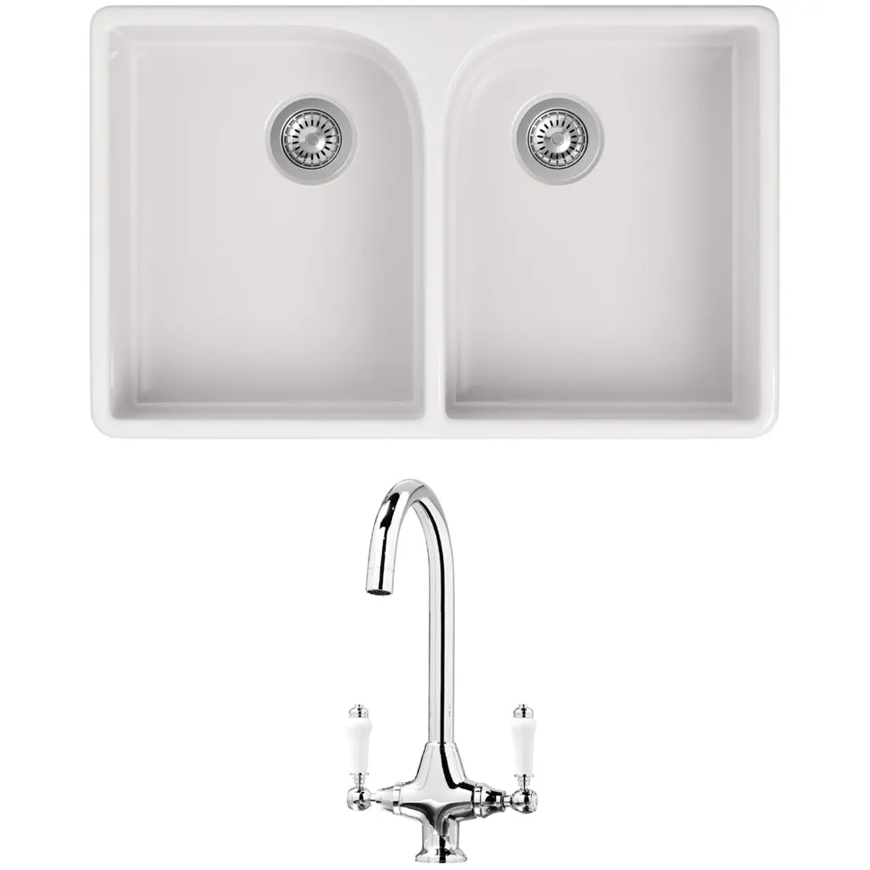 Butler & Rose Fireclay Ceramic White Double Belfast Kitchen Sink, Tap & Waste